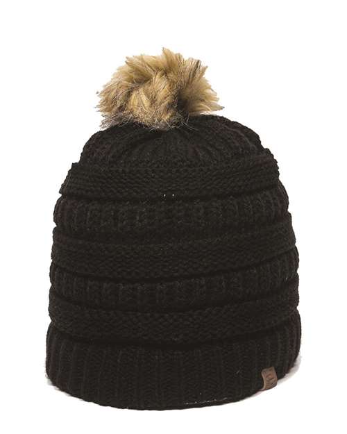 Cable Knit Faux Fur Pom